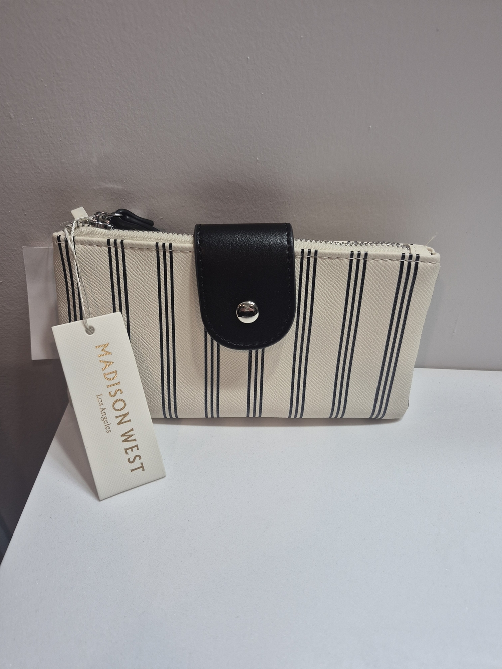 Madison West Cream Wallet with Black Vertical Stripes With Clutch Strap